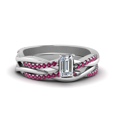 emerald-cut-Infinity-twist-diamond-matching-bridal-set-with-pink-sapphire-in-14K-white-gold-FD8253EMGSADRPI-NL-WG