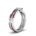 Load image into Gallery viewer, emerald-cut-Infinity-twist-diamond-matching-bridal-set-with-pink-sapphire-in-14K-white-gold-FD8253EMGSADRPI-NL-WG
