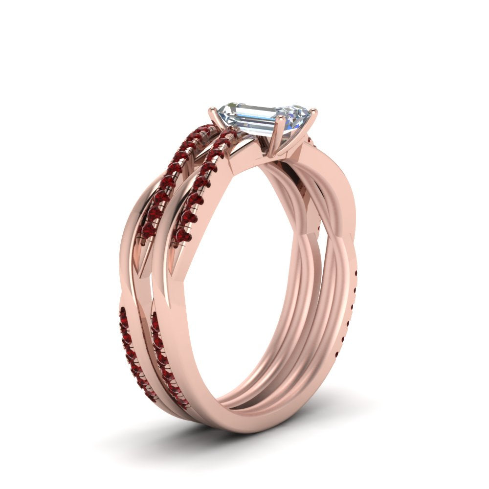 emerald-cut-Infinity-twist-diamond-matching-bridal-set-with-ruby-in-14K-rose-gold-FD8253EMGRUDR-NL-RG