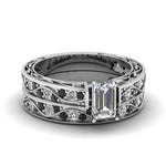 Load image into Gallery viewer, emerald-cut-antique-filigree-wedding-ring-set-with-black-diamond-in-white-gold-FDENS3543EMGBLACK-NL-WG