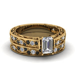Load image into Gallery viewer, emerald-cut-antique-filigree-wedding-ring-set-with-black-diamond-in-yellow-gold-FDENS3543EMGBLACK-NL-YG