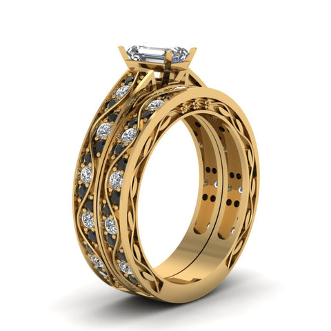 emerald-cut-antique-filigree-wedding-ring-set-with-black-diamond-in-yellow-gold-FDENS3543EMGBLACKANGLE2-NL-YG