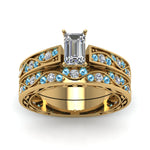 Load image into Gallery viewer, emerald-cut-antique-filigree-wedding-ring-set-with-ice-blue-topaz-in-yellow-gold-FDENS3543EMGICBLTOANGLE5-NL-YG
