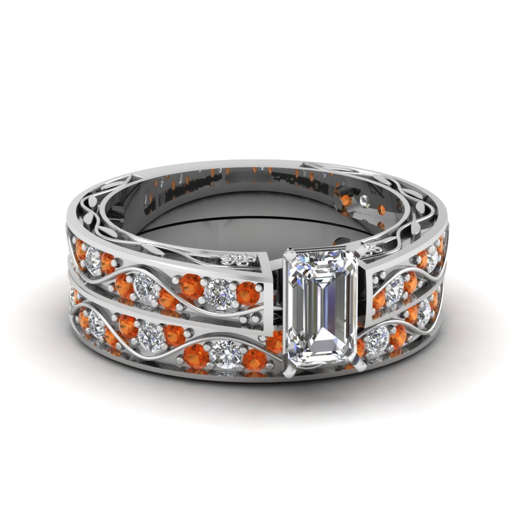 emerald-cut-antique-filigree-wedding-ring-set-with-orange-sapphire-in-white-gold-FDENS3543EMGSAOR-NL-WG