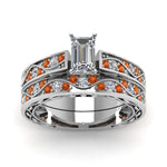 Load image into Gallery viewer, emerald-cut-antique-filigree-wedding-ring-set-with-orange-sapphire-in-white-gold-FDENS3543EMGSAORANGLE5-NL-WG