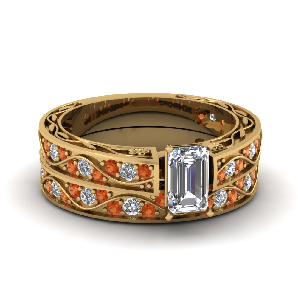 emerald-cut-antique-filigree-wedding-ring-set-with-orange-sapphire-in-yellow-gold-FDENS3543EMGSAOR-NL-YG