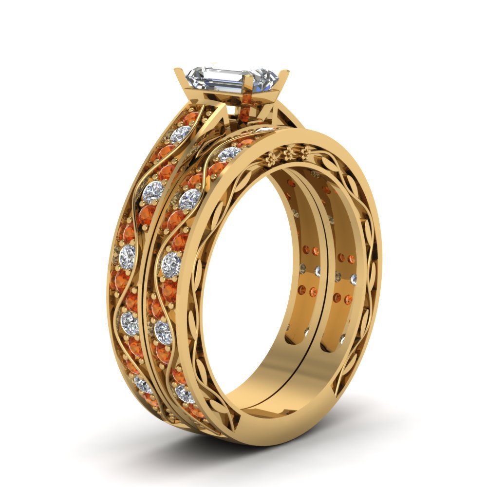 emerald-cut-antique-filigree-wedding-ring-set-with-orange-sapphire-in-yellow-gold-FDENS3543EMGSAORANGLE2-NL-YG