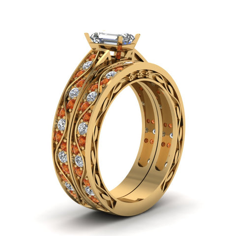 emerald-cut-antique-filigree-wedding-ring-set-with-orange-sapphire-in-yellow-gold-FDENS3543EMGSAORANGLE2-NL-YG