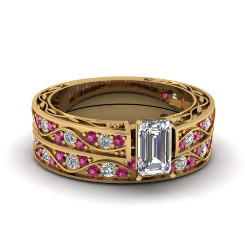emerald-cut-antique-filigree-wedding-ring-set-with-pink-sapphire-in-yellow-gold-FDENS3543EMGSADRPI-NL-YG
