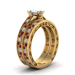 Load image into Gallery viewer, emerald-cut-antique-filigree-wedding-ring-set-with-ruby-in-yellow-gold-FDENS3543EMGRUDRANGLE2-NL-YG