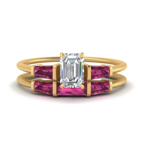 emerald-cut-bar-set-pink-sapphire-ring-with-matching-3-baguette-wedding-band-in-yellow-gold-FDENS100EMGSADRPI-NL-YG