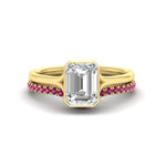 Load image into Gallery viewer, emerald-cut-bezel-solitaire-ring-with-pink-sapphire-band-in-yellow-gold-FD11229EMGSADRPI-NL-YG_8e76e972-a951-4f0a-b7d3-df77696ce51c.jpg?v=1758702930
