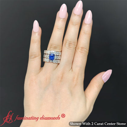 Emerald Cut Blue Sapphire Hidden Halo Diamond Bridal Set