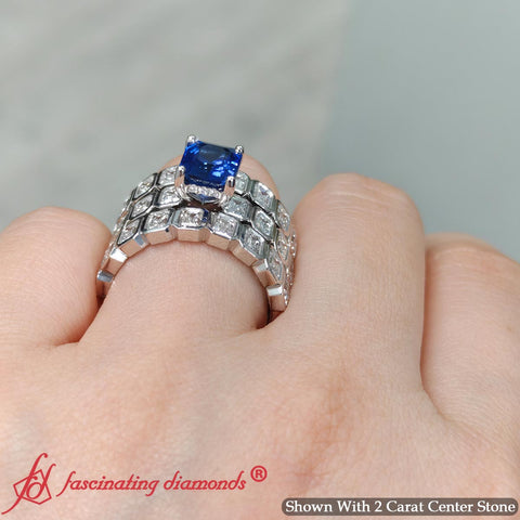 Emerald Cut Blue Sapphire Hidden Halo Diamond Bridal Set
