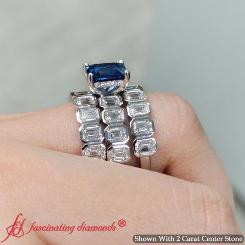 Emerald Cut Blue Sapphire Hidden Halo Diamond Bridal Set