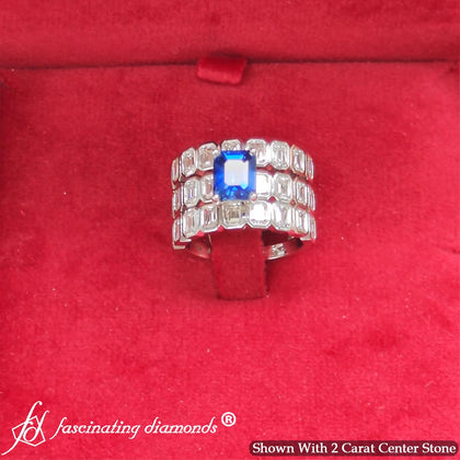 Emerald Cut Blue Sapphire Hidden Halo Diamond Bridal Set
