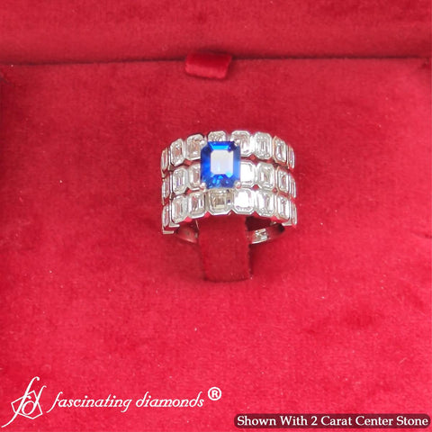Emerald Cut Blue Sapphire Hidden Halo Diamond Bridal Set