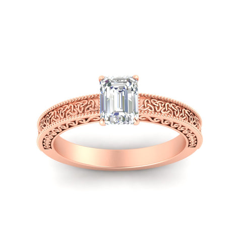 Emerald Cut Celtic Engraved Solitaire Engagement Ring