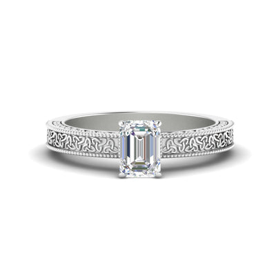 Emerald Cut Celtic Engraved Solitaire Engagement Ring