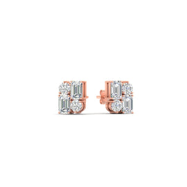 1/2 Carat Emerald Cut & Round Diamond Cluster Stud Earrings
