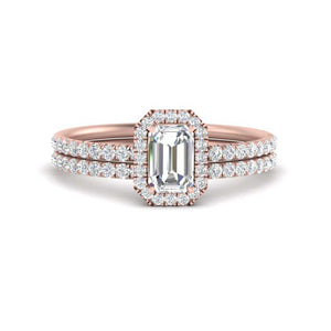 Emerald Cut Halo Wedding Ring Set