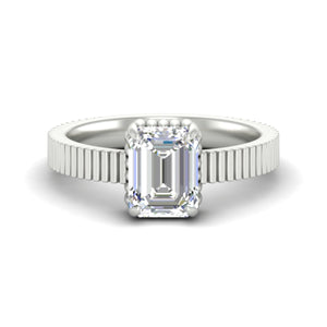 Emerald Cut Diamond Solitaire Ring With Ribbed Band Detail