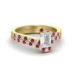 Load image into Gallery viewer, emerald-cut-diamond-wedding-ring-set-with-pink-sapphire-in-FDENS3007EMGSADRPI-NL-YG
