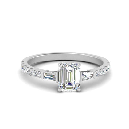 Lab Grown Emerald Cut Diamond Ring with Baguette Side Stones