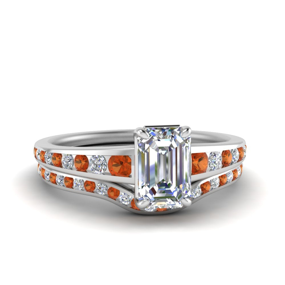 emerald-cut-graduated-channel-diamond-wedding-set-with-orange-sapphire-in-FD122866EMGSAOR-NL-WG