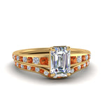Load image into Gallery viewer, emerald-cut-graduated-channel-diamond-wedding-set-with-orange-sapphire-in-FD122866EMGSAOR-NL-YG
