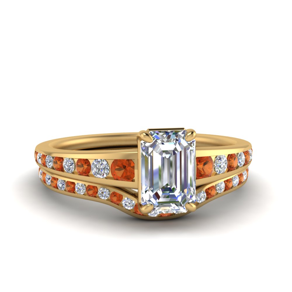 emerald-cut-graduated-channel-diamond-wedding-set-with-orange-sapphire-in-FD122866EMGSAOR-NL-YG