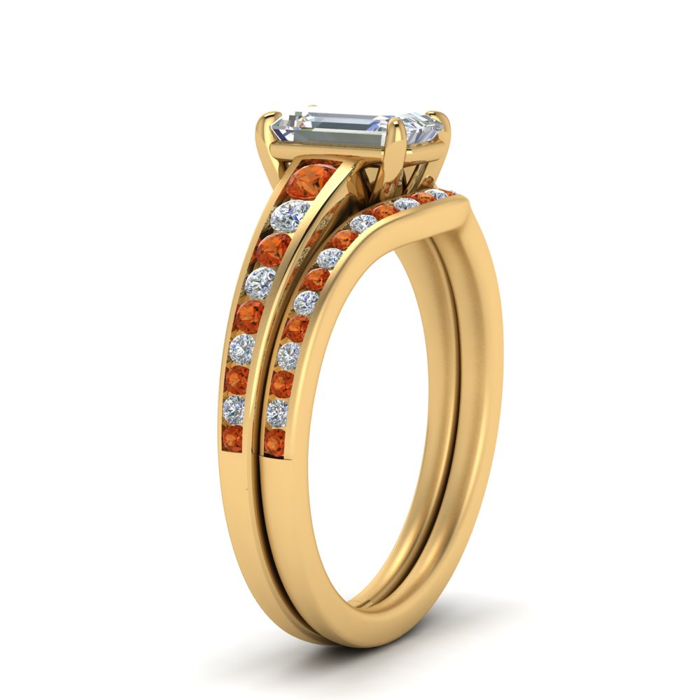 emerald-cut-graduated-channel-diamond-wedding-set-with-orange-sapphire-in-FD122866EMGSAOR-NL-YG
