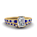 Load image into Gallery viewer, emerald-cut-graduated-channel-diamond-wedding-set-with-sapphire-in-FD122866EMGSABL-NL-YG
