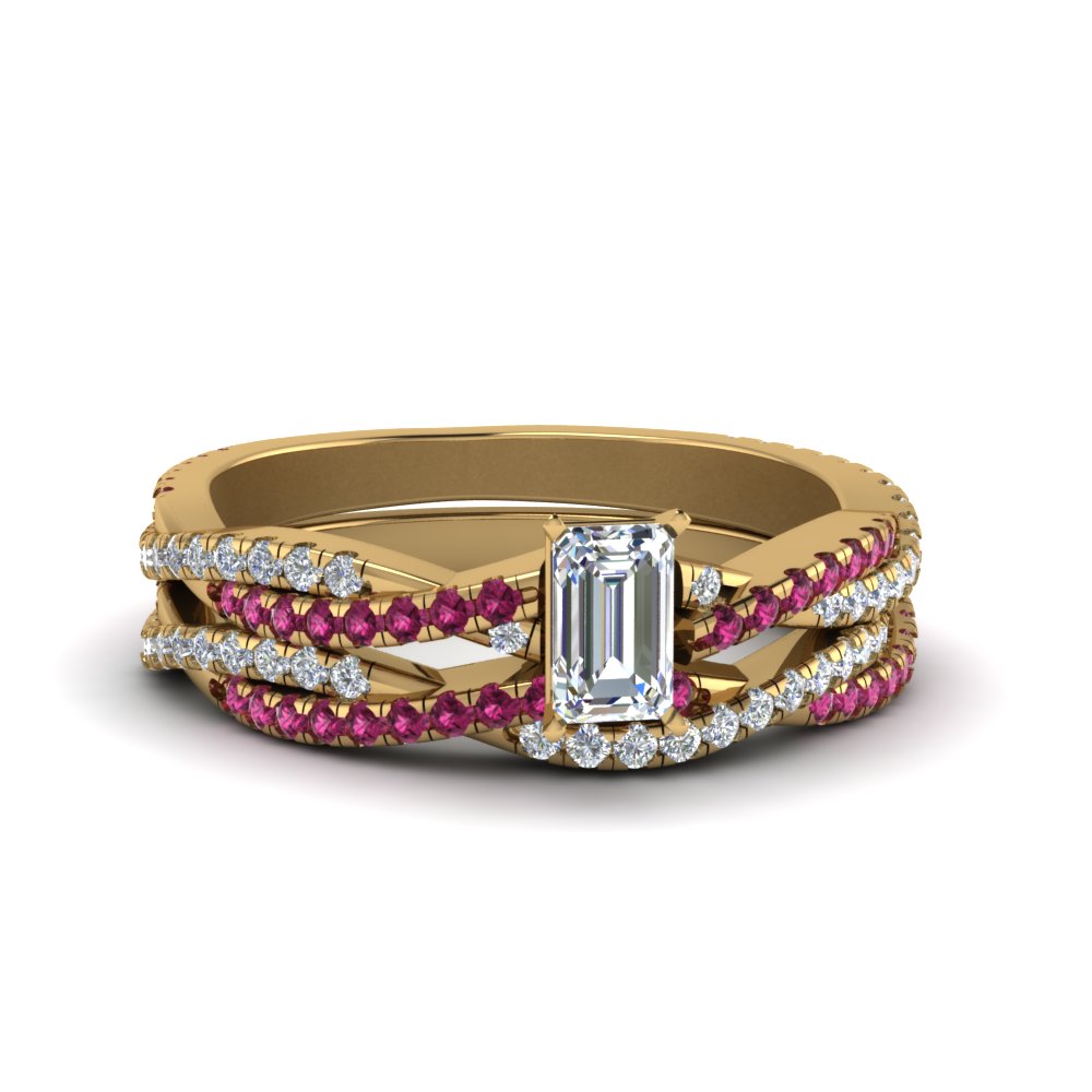 emerald-cut-simple-diamond-twisted-vine-bridal-ring-sets-with-pink-sapphire-in-14K-yellow-gold-FD8233EMGSADRPI-NL-YG