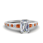 Load image into Gallery viewer, emerald-cut-swirl-engraved-channel-accent-diamond-engagement-ring-with-orange-sapphire-in-FD122866EMRGSAOR-NL-WG