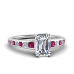Load image into Gallery viewer, emerald-cut-swirl-engraved-channel-accent-diamond-engagement-ring-with-pink-sapphire-in-FD122866EMRGSADRPI-NL-WG