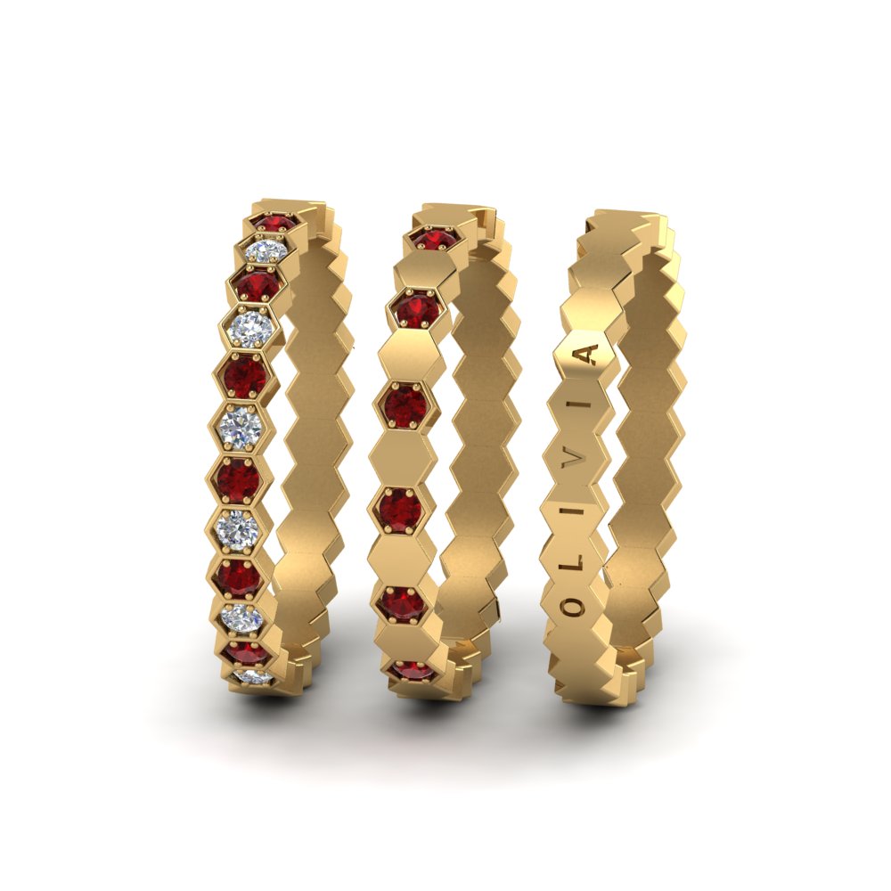 engraved-hexagon-diamond-promise-stacking-rings-with-ruby-in-yellow-gold-FD9187GRUDRANGLE5-NL-YG