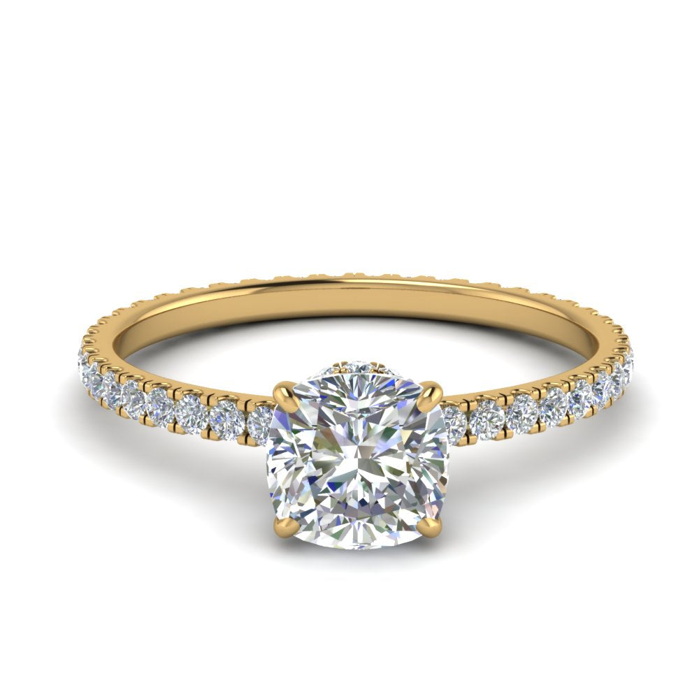 Eternity Cushion Cut Hidden Halo Engagement Ring
