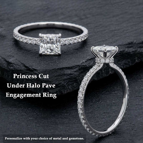 Princess Cut Lab Grown Under Halo Pave Engagement Ring