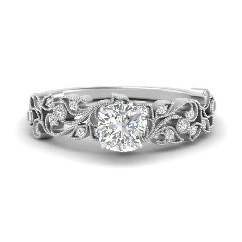 Cushion Cut Filigree Wide Band Engagement Ring
