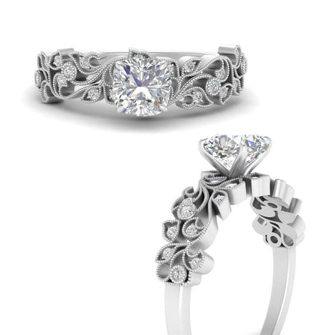 Cushion Cut Filigree Wide Band Engagement Ring