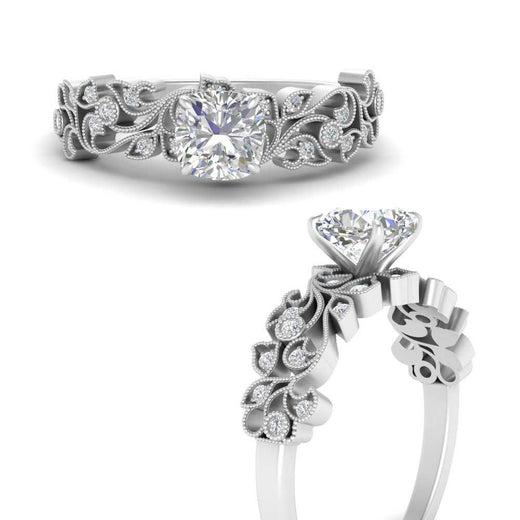Cushion Cut Filigree Wide Band Engagement Ring