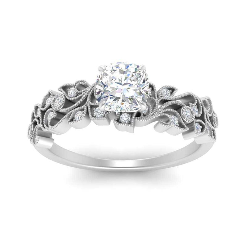 Cushion Cut Filigree Wide Band Engagement Ring