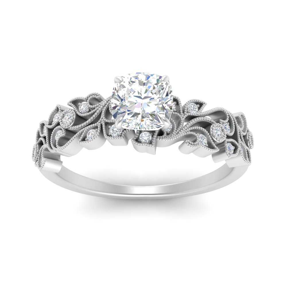 Filigree Wide Band Cushion Diamond Ring