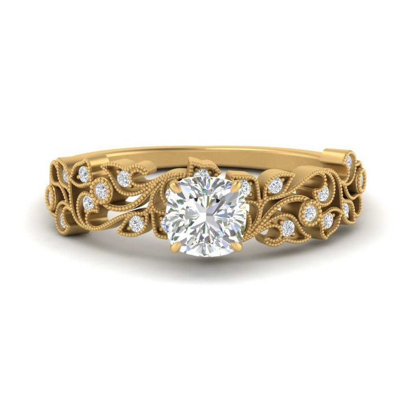 Cushion Cut Filigree Wide Band Engagement Ring