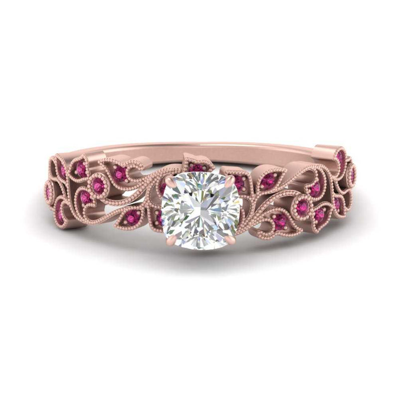 Cushion Cut Filigree Wide Band Engagement Ring