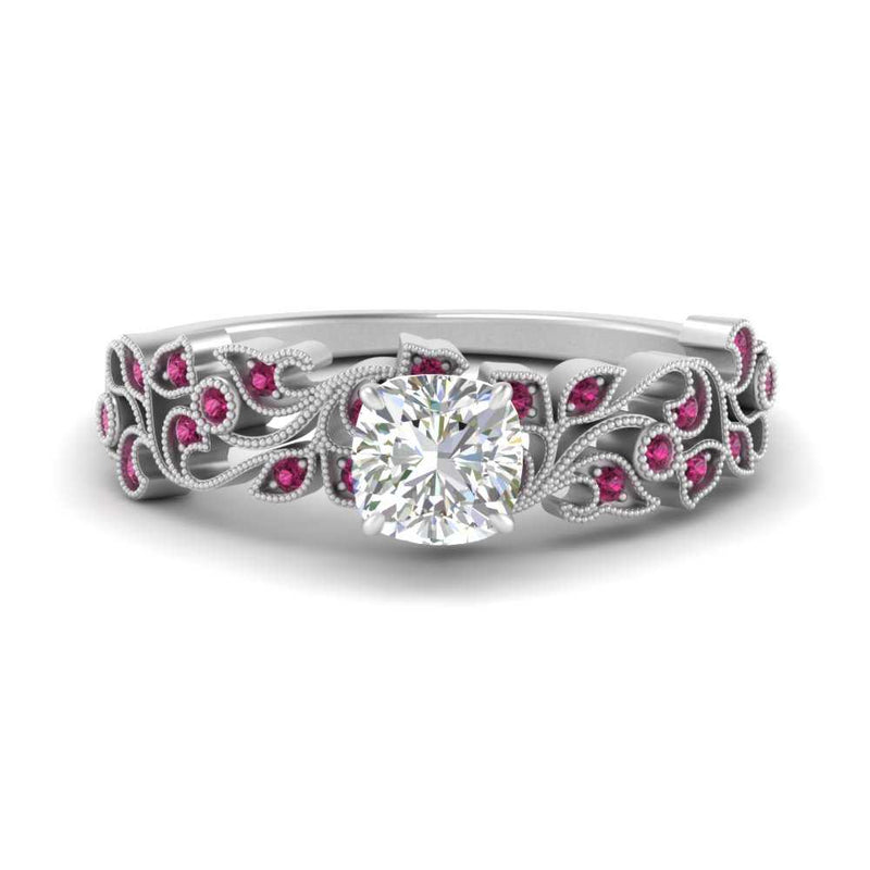 Cushion Cut Filigree Wide Band Engagement Ring