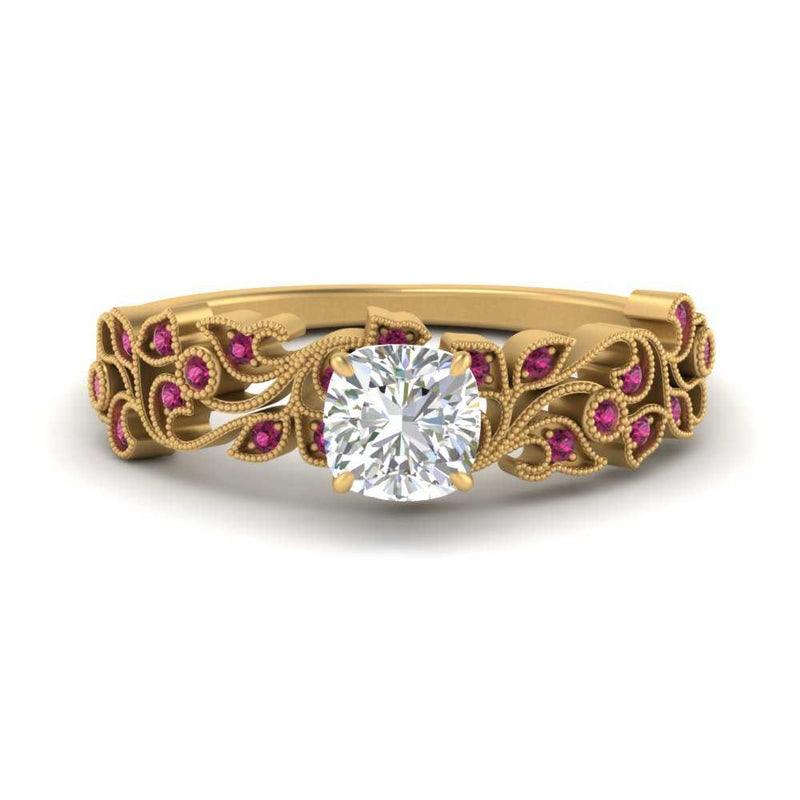 Cushion Cut Filigree Wide Band Engagement Ring