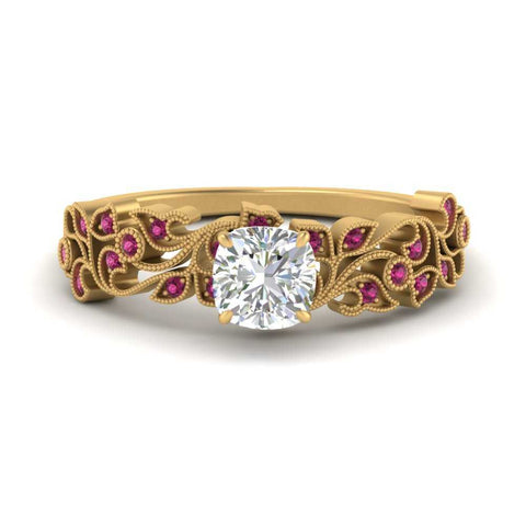 Filigree Wide Band Cushion Diamond Ring