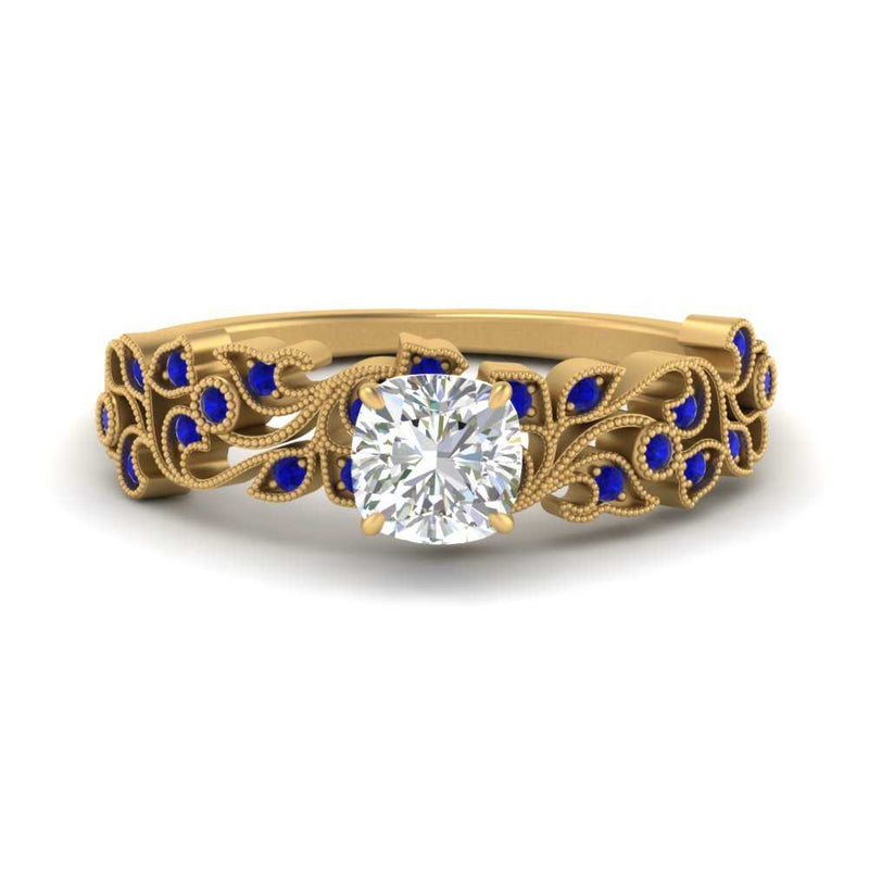 Cushion Cut Filigree Wide Band Engagement Ring